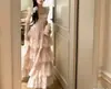 Yingzhi Hualing Exquisito Dulce Mangas Cortas Volantes Suave Floral Ajustado a la Cintura Estilo Princesa Vestido Largo 8525