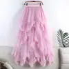 Amazon Aliexpress 2026 Primavera/Verão Saia Longa em Retalhos Irregulares de Renda com Babados de Cintura Alta Camadas para Mulheres