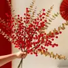 Flores Secas Frutas Vermelhas Flores Artificiais de Acácias Buquê Folhas de Eucalipto Ginkgo Decoração de Chão para Sala de Estar Arranjo de Flores Tecelagem