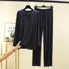 Conjunto de Camiseta Lisa de Modal Calça Wide Leg Gola Redonda Manga Longa Calça Longa Conjunto Masculino Camiseta Básica Calça Básica Conjunto de Duas Peças