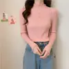 Suéter Básico para Mujer Camiseta de Manga Larga Fina de Media Cuello Alto Estilo Top Corto Otoño e Invierno