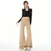 Calça Jeans Flare Bordada Stretch Cáqui para Mulheres, Outono e Inverno Cintura Alta Slim-Fit Não Apertada Bordada Comprimento Total