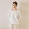 Camiseta feminina de casa gola redonda e manga longa em algodão puro, leve e respirável para outono e inverno, pode ser usada na rua, base de camiseta macia e amiga da pele