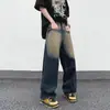 Jeans Vintage Lavados con Bloques de Color Inspirados en el Diseño para Hombres y Mujeres, Estilo Callejero Americano, Cintura Alta, Bolsillo Delantero, Pantalones Amplios de Caída