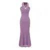 Vestido largo de estilo francés de diseño de deseo puro, con escote en V, cordones en el cuello halter, femenino, ajustado al cuerpo y adelgazante