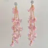 Super Fada ~ Brincos de Franja com Flores Cor-de-Rosa Senso Avançado Delicados Brincos de Férias na Praia Primavera e Verão Brincos para Rosto Redondo