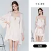 Camisón de Satén Sedoso Fruncido Estilo Palacio con Forma de Rosa, con Almohadillas en el Pecho y Bata Exterior de Malla, Conjunto de Ropa de Casa para Mujer 3209