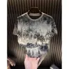 Camiseta de Manga Curta Estampada com Letras e Céu Estrelado Desgastada, Venda Quente Primavera e Outono, Blusa de Meia-Manga com Gola Redonda Moderna de Luxo Leve, Emagrecedora e Estilosa