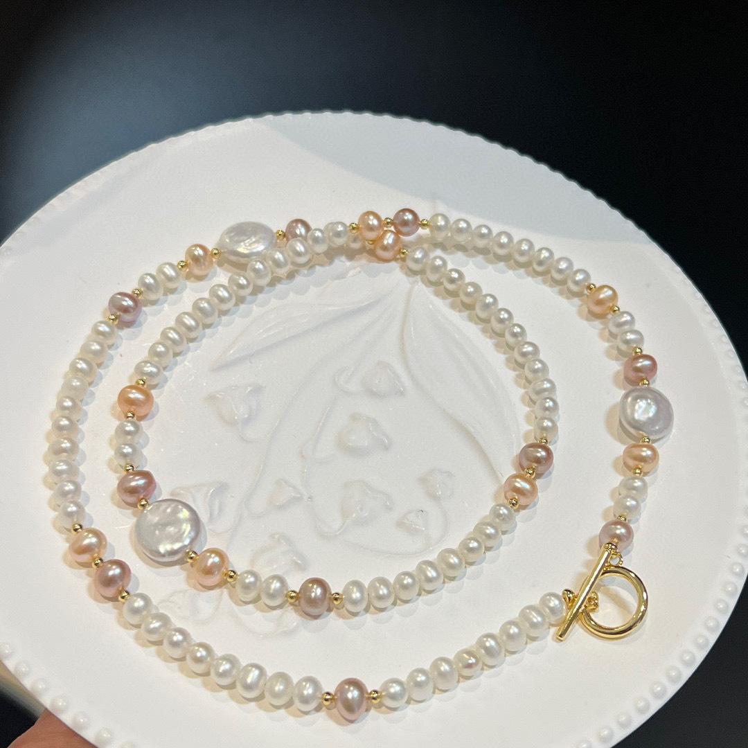 时尚百搭天然淡水珍珠项链女彩色串珠小众OT扣高级感