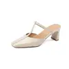 Mules Chuyuji retrô de bico quadrado e salto grosso para mulheres, sandálias de couro genuíno da moda para o verão, mules de salto alto
