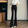 Calça de alfaiataria microflare cuidadosamente selecionada para mulheres, novo estilo outono e inverno, cintura alta, caimento justo, visualmente emagrecedora, calça de perna larga, bom caimento, comprimento até o chão, calça boca de sino