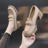 Zapatos de cuero estilo británico para mujer, de piel suave, primavera y otoño 2023, nueva moda, tacón grueso, sin cordones, tacones altos súper suaves para mujer