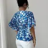 Otoño 2026 Nuevo Camisa Corta Floral con Cuello en V y Cintura Fruncida Elegante Casual Atuendo para Vacaciones y Citas