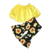 Conjunto de duas peças para meninas estilo Europeu e Americano Primavera e Outono: top de manga longa ombro a ombro + calça pantalona estampada de girassol roupas infantis ins