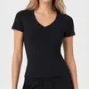 Camiseta Esportiva Feminina de Ombro Reto Estilo Americano Transfronteiriça, Top Fitness de Verão Slim Fit com Decote V, Roupa para Yoga, Manga Curta