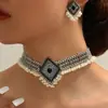 1 Conjunto Moda Retro Diamante Cravejado com Diamantes Contas Pingentes Colar Exagerado Brincos Conjunto de Joias 1118