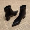Botas de Moda Femininas Estilo Francês Bico Fino Salto Bloco, Adequadas para Primavera, Outono e Inverno, com Forro Peluciado, Zíper Traseiro Elegante, Cano Médio, Botas Martin Slim Fit para Mulheres