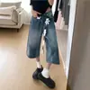 Shorts Jeans Retrô Azuis da Moda deste Ano para Mulheres, Estilo Fino de Verão, Comprimento 7/8, Cintura Alta, Caimento Solto, Calças Wide Leg Emagrecedoras