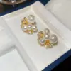 Pendientes de Flor de Zirconia y Perla con Aguja de Plata Electrochapada en Oro Real Pendientes de Nicho de Alta Gama Temperamento Elegante Pendientes Versátiles para Mujeres