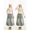 Shorts de mezclilla con estampado de estrellas retro americano para mujer, nuevo estilo moderno, lavado desgastado, pantalones casuales holgados de pierna ancha recortados
