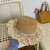 Sombrero de Paja de Ala Ancha de Verano con Adorno de Encaje Estilo Lolita Francés para Mujer, Sombrero de Sol de Protección Solar de Copa Plana, Sombrero de Sol de Playa
