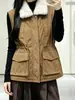 2733 Chaleco Chaqueta de Otoño e Invierno para Mujer con Cuello Grande de Piel, Cintura con Cordón, Estilo Ropa de Trabajo, Forro de Felpa, Chaqueta Cálida sin Mangas