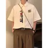 Verano Retro Americano Holgado de Moda Marca Bordado de Dibujos Animados Diseño Único Camisa de Manga Corta Tops para Hombres y Mujeres Camisas de Moda