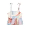 Estilo Europeo y Americano Verano Mujer Nueva Moda Versátil Estampado Ceñidor de Cintura Corto Top Halter con Lazo