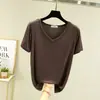 Camiseta Branca Manga Curta Modal com Máscara Feminina Verão Decote V Seda Gelada Gola Baixa Solta Camisa Base Top Camiseta Versátil