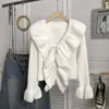 Suéter longo de manga comprida com babados e cadarço estilo flare, feminino, estilo coreano retrô, versátil, estilo ocidental, suéter rosa para outono e inverno 2024