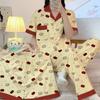 Pijama coreana de contraste de cores para menina, fofa, com estampa de maçã, manga curta, confortável para usar em casa, conjunto de três peças, pode ser usado no atacado