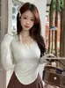 1*1 Hilo Felpa Estilo Puro Deseo Encaje Lazo Manga Larga Camiseta Mujer Otoño Invierno Delgado Corto Capa Base Top