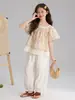 Pudding Haru ropa infantil top 2026 verano nuevo estilo blusa floral para niñas estilo niña dulce blusa floral de encaje 100% algodón