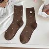 Calcetines de Mujer para Otoño e Invierno Estampado de Leopardo Bordado de Gatito Color Café Calcetines de Mujer de Caña Media Ins Tendencia Calcetines Largos de Algodón Sin Costuras para Mujer