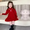 Vestido de Lana Rojo con Encaje y Lazo Estilo Coreano para Niñas Otoño Invierno 2026 Nueva Moda Infantil Falda para Niña Pequeña