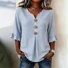 Ropa de mujer nueva de verano 2026 transfronteriza europea y americana Amazon blusa de manga media con botones rayada de volantes cuello en V
