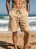 Shorts de verão europeus e americanos transfronteiriços de linho soltos, respiráveis, casuais, esportivos, cor sólida simples, com cordão, para férias na praia