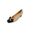 Sapatos Femininos Retro Franceses Cor Damasco Preto Combinação Laço Couro Bovino Boca Rasa Primavera Novo Bico Quadrado Fivela de Metal Salto Médio Grosso