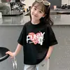Ropa Infantil Estilo Coreano para Niñas, Conjunto de Verano de Manga Corta con Estampado de Dibujos Animados, Camiseta Holgada de Media Manga para Niños Mayores, Top Casual de Algodón Puro
