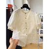 En Stock Verano Nuevo Encaje Cuello Redondo Color Sólido Algodón Lino Bordado Pesado Casual Juvenil Camisa Top Versátil