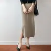 Falda de punto de lana pura para mujer con aberturas laterales, nuevo estilo otoño e invierno, cintura alta elástica, adelgazante, falda bodycon de línea recta