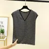 Novedad Primavera 2025 Suéter de Punto Rayas Blancas y Negras para Mujer Aspecto Adelgazante Elegante Camiseta de Cuello V Camiseta Interior Superior