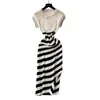 Vestido de Moda Retro Chic Coreano de Nicho con Bloques de Color y Rayas Diagonales para Mujer, Ajustado, Favorecedor, Abertura, Vestido de Punto Bodycon