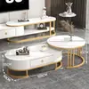 Juego de mesa de centro y mueble de TV de lujo ligero con panel de roca brillante, adecuado para espacios pequeños, extensible, diseño simple con cajones, para uso doméstico en la sala de estar