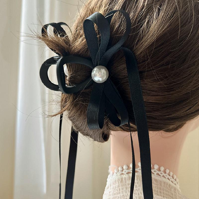 2306164 (1) 韩式复古珍珠蝴蝶结飘带发夹女后脑勺盘