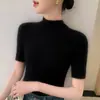 Nuevo suéter de punto para mujer de otoño, jersey de cuello alto corto de manga corta, ajuste ceñido, sin costuras, al por mayor para exportación
