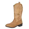 Botas Vaqueras Western Bordado Retro Cruzado para Mujer Punta Fina Tacón Grueso Caña Media Apertura en V Mate Botas de Jinete