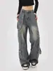 Comercio Exterior Jeans de Trabajo Americanos de Calle Talla Grande para Mujer Nuevos Pantalones de Pierna Ancha Rectos de Bolsillos Múltiples Sueltos de Largo Hasta el Suelo
