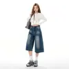 Jeans Casual Americano Retro Azul Claro de Perna Larga para Mulheres 2026 Nova Coleção Primavera e Verão Calça Cropped Solta Tendência Versátil