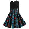 1140# Toma real en stock Amazon estilo retro Hepburn estampado navideño costuras manga larga vestido de falda amplia